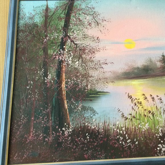 Original landscape painting on canvas lake side signed professionally framed - Picture 9 of 12